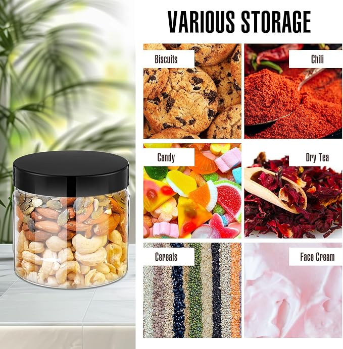 Mifoci 50 Pcs 5.4 oz Clear Plastic Jars Containers Wide Mouth Food Storage Jar for Kitchen Dry Food Butter Honey Cosmetics Cream, Black and Brown(2.56''l x 2.36''h)