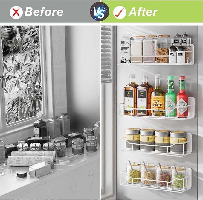 Magnetic Spice Rack for Refrigerator, 4 Pack Metal Strong Magnet Spice Organizer Shelves, Magnetic Fridge Shelf for Kitchen Seasoning Organizer Gadgets, Home Organization and Storage (White)