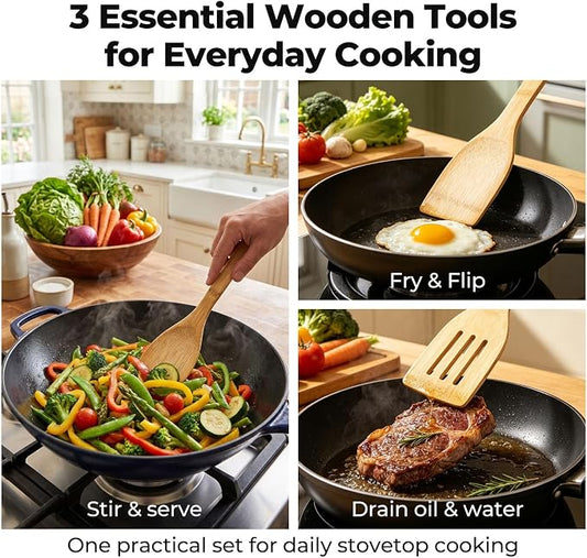 HANSGO Bamboo Wooden Spoons for Cooking, 6PCS Non-Stick Kitchen Utensils Set, Natural and Durable Wooden Spatula for Nonstick Cookware, Apartment Essentials