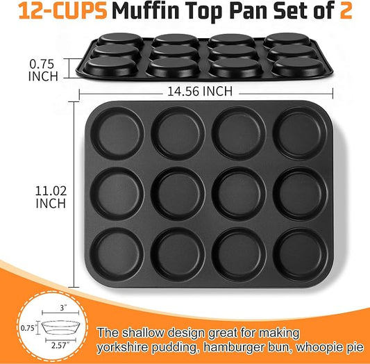 P&P CHEF 12-Cup Muffin Top Pan (2 Piece), Stainless Steel Muffin Pan Cupcake Tin with Shallow Side for Whoopie Pie & Yorkshire Pudding, Easy Clean & Oven Safe, Black