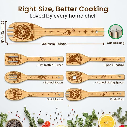 CUTHOLLOW 6PCS Wolves and Forest Wooden Kitchen Cooking Utensil Set, 11.9in Non Toxic Bamboo Wood Spoon Set for Cooking, Best Housewarming Birthday Thanksgiving Christmas Gift for Women Mother