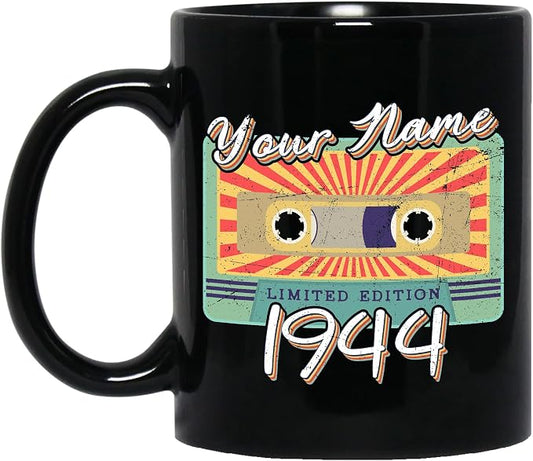 Personalized Vintage Cassette Tape Vintage 1944 Mug, Custom Your Name, 1944 Retro Coffee Mug, 78th Birthday Present Gifts, 1944 Birthday Gift For Friends Family, Customizable Black Tea Cups