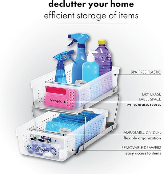 madesmart 2 Tier Bath Organizer,Undersink Storage with Sliding Drawers,for Cleaning Supplies, Pantry, Sponges,Bottles&Kitchen Essentials,Adjustable Dividers&Pull Out Sliding Baskets,Frost, (Pack of 2)
