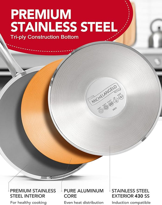 MICHELANGELO Stainless Steel Sauce Pan Set - 1, 2, 3 Qt Saucepans with Lids, Small Stainless Steel Pots for Cooking, Induction Compatible, Dishwasher & Oven Safe