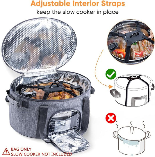 Double-Layer Slow Cooker Carrying Bag for 6-8 Quart CrockPot and Hamlton Beach Slowcooker, Travel Bag with Lid Fastener for Crock-pot, Portable Carrier with See-throught Window(BAG ONLY)