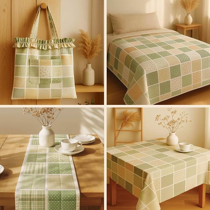 Cotton Satin Patchwork Fabric Panel โ 35 Designs, 20ร20 cm Squares, Single Piece 150ร110 cm, Sage Green & Beige Patchwork Quilt Fabric (Meadow Breeze Patchwork Set, 35pcs 8x8 inch)