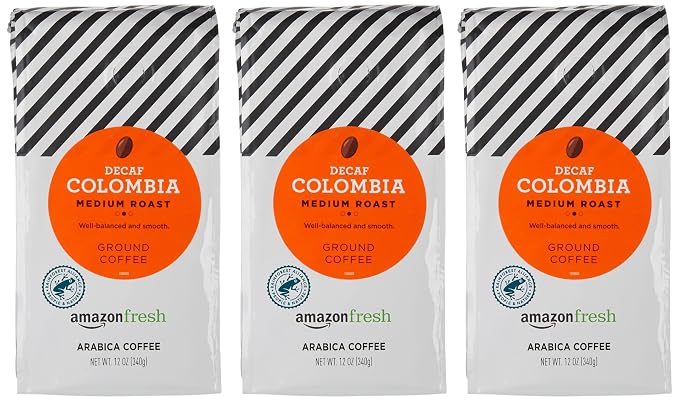 Amazon Fresh Decaf Colombia Ground Coffee, Medium Roast, 12 Ounce (Pack of 3)