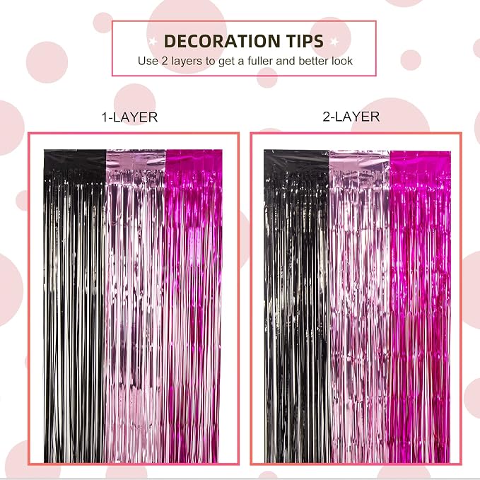 LOLStar 3 Pack Cartoon Mouse Birthday Party Supplies,3.3x6.6 ft Black Pink Fuchsia Tinsel Foil Fringe Curtains,Cartoon Mouse Photo Booth Prop Streamer Backdrop, Kawaii Party Decoration for Girls Baby