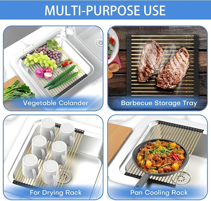 Expandable Roll Up Dish Drying Rack, Adjustable Large Over The Sink Rack Draining Rack (Max Extends to 21.25”) for Stainless Steel Sinks, Collapsible Silicone Rolling Up Rack 18 Tube for Kitchen, Gold