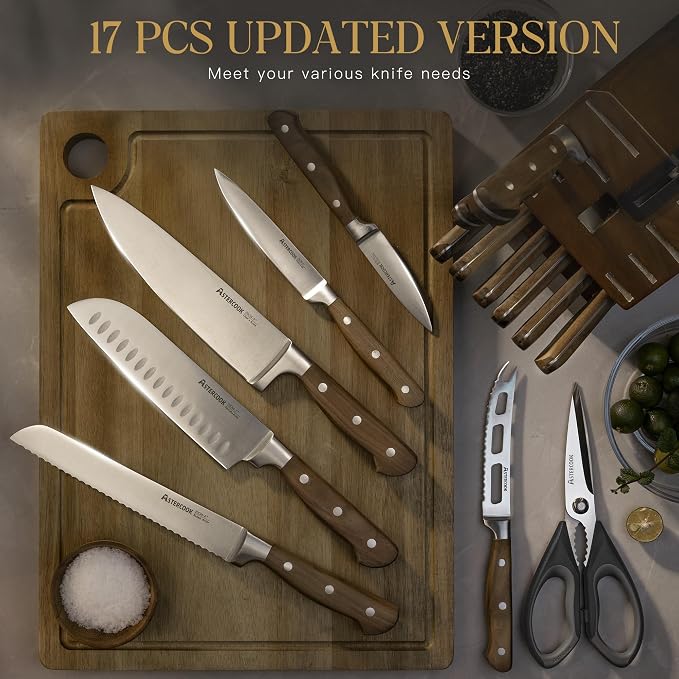 Astercook 17-Piece Knife Block Set with Built-in Sharpener, German Stainless Steel Full Tang Kitchen Knives, Ergonomic Walnut Handle Cutlery Set for Home Cooking & fathers day gift for Dad