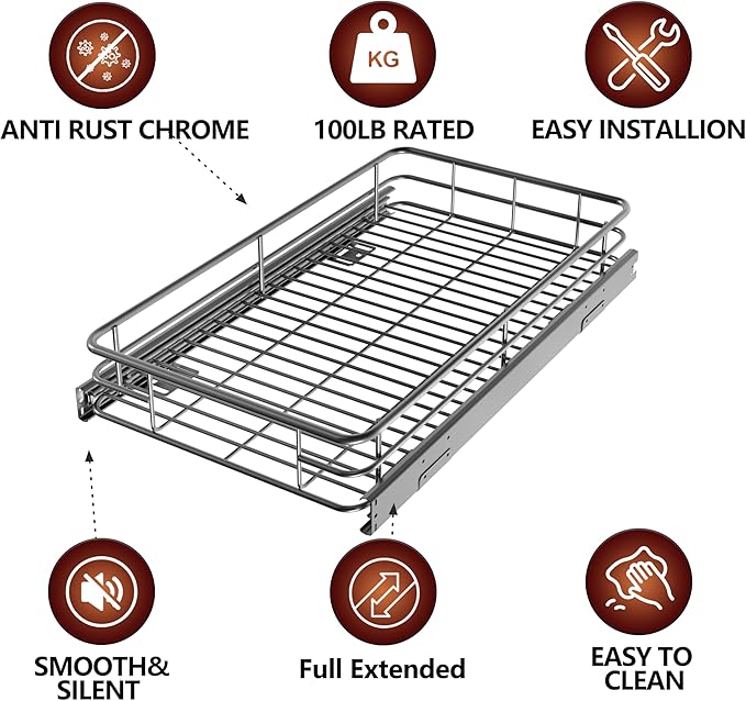 JOWBOOW Pull Out Cabinet Organizer (24" W x 21" D), Slide Out Shelves for Kitchen Cabinets, Pull Out Drawers Heavy-Duty Metal sliding Shelf, Chrome Finish