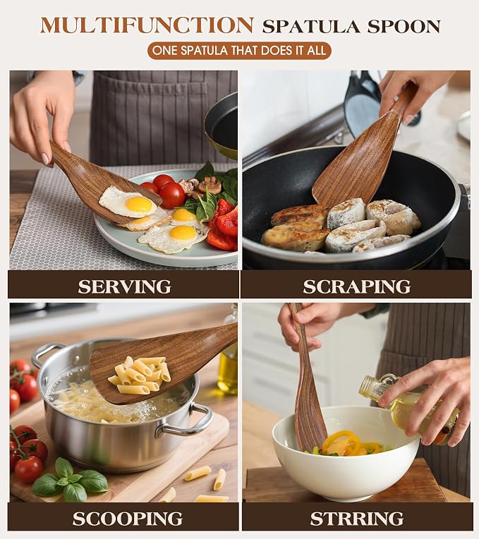 2Pcs Wooden Spatula Spoon, Multifunction Cooking Spoon for Nonstick Cookwares, Heat Resistant Acacia Wooden Spoon Spatula for Cooking, Mixing, Scooping, Scraping, BPA-Free, 11.6 x 2.8 Inch