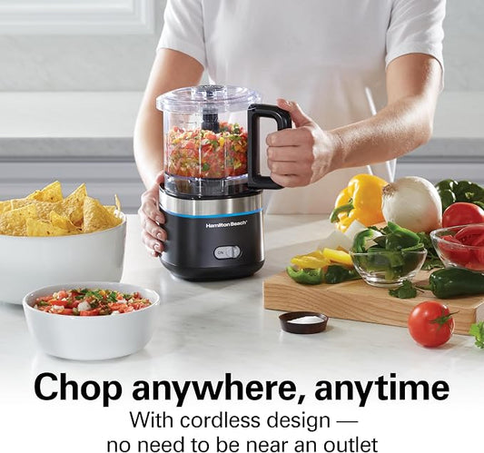 Hamilton Beach Powerful Cordless Mini Food Processor and Vegetable Chopper, 4 Cup Capacity, Fast Recharging, Includes Power Adapter, Chop, Puree, Emulsify, Grind, Dishwasher Safe Bowl, Black (72880)
