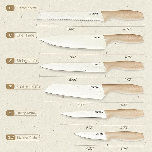 CAROTE 12PCS Knife set with Blade Guards,Granite Nonstick Ceramic Coating,Stainless Steel blade, Anti-Slip Handle, Essential Knives, Rustproof, White