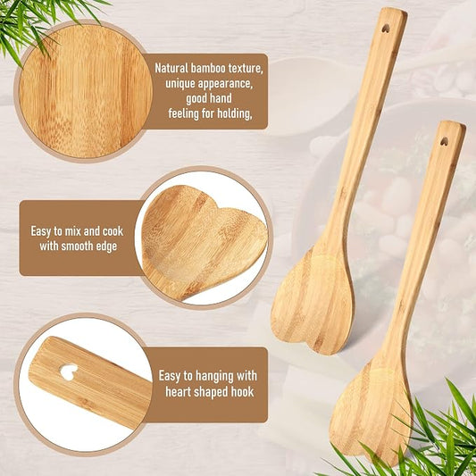 Heart Shaped Wooden Spoon 12 Inch Bamboo Kitchen Utensils Love Heart Spatula Kitchen Serving Spoons for Mixing Cooking Baking Stirring Hostess Gifts Mother's Day Wedding (8 Pcs)