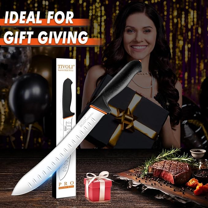 TIVOLI Bullnose Knife 10 Inch - Butcher Carving Knife with Ergonomic Non-Slip Softgrip & German Stainless Steel Razor Sharp Blade for Meat Cutting,Slicing - Gift for Men Women