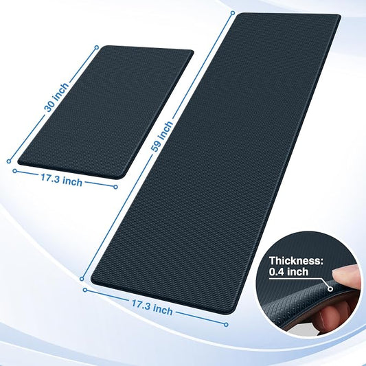 StepRite Kitchen Mats, 2PCS Kitchen Rugs, Cushioned Anti Fatigue Kitchen Mats for Floor, Non-Slip Standing Desk Mat, Waterproof Kitchen Rug Set for Floor, Office, 17.3"x30"+17.3"x59", Dark Charcoal