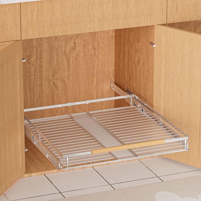 SANNO Pull Out Cabinet Organizer, Kitchen Sliding Shelf Under Sink Shelf, Expandable Drawer Shelves with Sliding Steel Metal Cabinet Drawers Slide Out, Chrome Finish,Expandable 12.1 to 18.4" W
