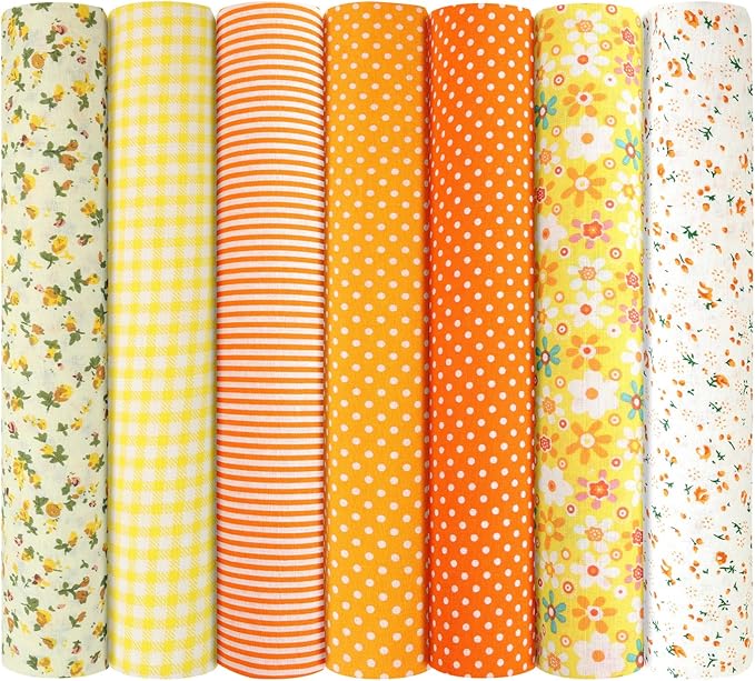 Ainiv 7pcs 100% Quilting Cotton Fabric, 19.68"x19.68" Fabric Bundles Squares, Floral Precut Squares Patchwork for Quilting, Sewing, DIY Crafts, Mask, Orange