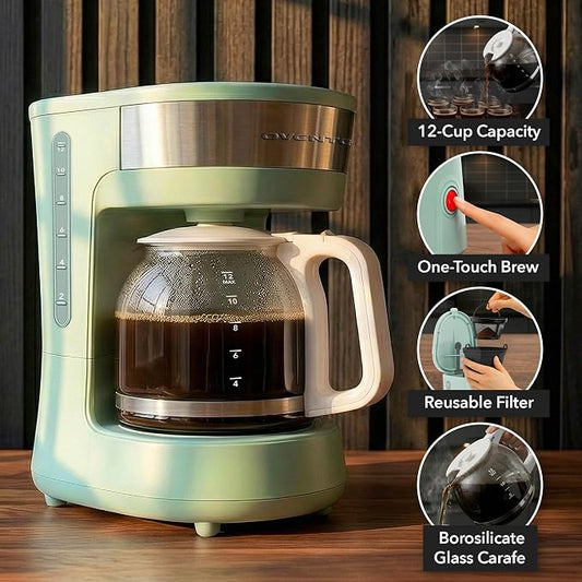 OVENTE 12-Cup Drip Coffee Maker with Borosilicate Glass Carafe, One-Touch Operation Machine, Anti-Drip System, Reusable Filter and Clear View Water Gauge, Ideal for Home or Office, Light Teal CM412LBL