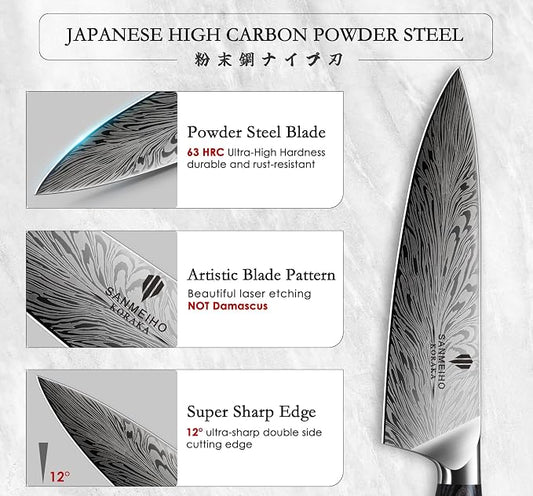 5PCS Knife Set, Kitchen Knife Sets in Powder Steel, Ultra Sharp Japanese Knives Set High Carbon Steel Chef Knives Sets, Cooking Knives Set with Ergonomic Pakkawood Handle