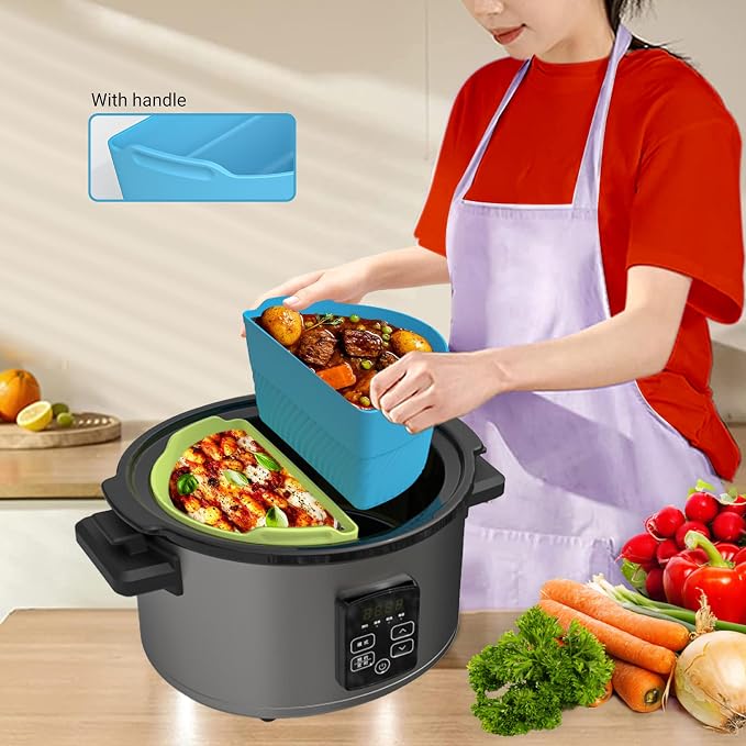 Silicone Slow Cooker Liners Compatible With Crock Pot 6-8 QT,Slow Cooker Divider Allows Cooking Two Different Meals At Once Time,(Green)