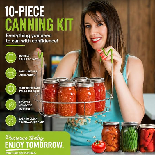 Supa Ant Complete Canning Starter Kit – 10pc Food-Grade Steel Set with XL Ladle, 6 Measuring Cups, Jar Lifter, Wide Mouth Funnel, Canning Rack (7-Jar Capacity) & 90 Labels –Beginner-Friendly, Green