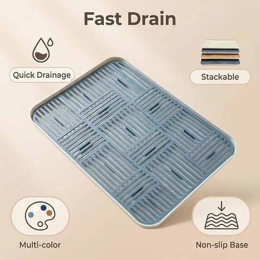 2-in-1 Kitchen Sink Caddy Organizer with Plastic Drain Grate, Double-Layer Drain Sponge Soap Holder & Food Fruit Vegetable Drain Tray for Sink Countertop Home Kitchen Restaurant Hotel, Blue (1 Pack)