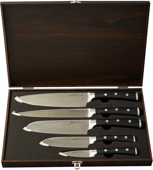 Berghoff Antigua 5Pc Knives With Case German Steel Etched Blade Ergonomically Designed Triple-riveted Handle Sharp & Well Balanced Satin Finish