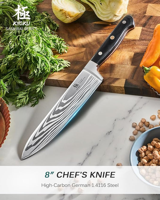 KYOKU 8" Chef Knife, Samurai Series Japanese Style Chef's Knife with Sharpening Stone, High Carbon Steel Kitchen Knife with Pakkawood Handle Mosaic Pin Gift Box for Meat Vegetable Fruit Chopping