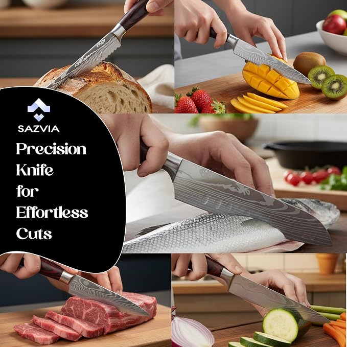 Kitchen Knife Set of 5, Ultra Sharp Knife Set with Pakkawood Handle, High Carbon Stainless Steel Knives Set for Kitchen