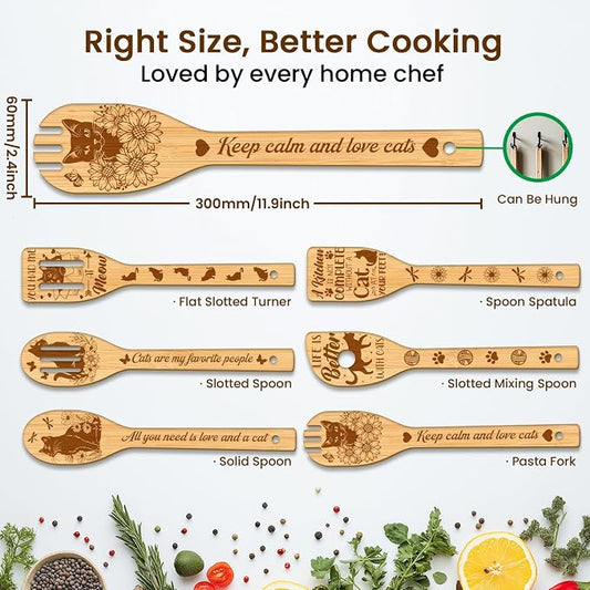CUTHOLLOW 6PCS Cat and Flower Wooden Kitchen Cooking Utensil Set, 11.9in Non Toxic Bamboo Wood Spoon Set for Cooking, Best Housewarming Birthday Thanksgiving Christmas Gift for Women Mother