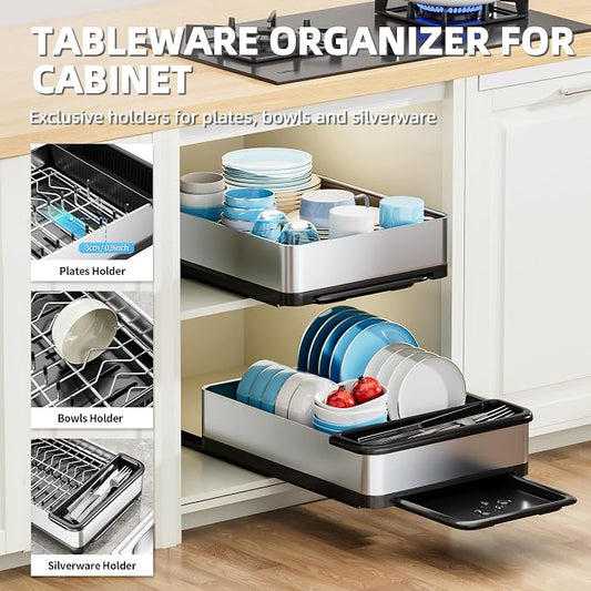 Ewaiira Stainless Steel Dish Drying Rack with Drainboard, Pull Out Cabinet Organizer 12.6" Wx16.5 D, Heavy Duty Slide Out Drawers for Plates, Kitchen Cabinets Pantry Storage