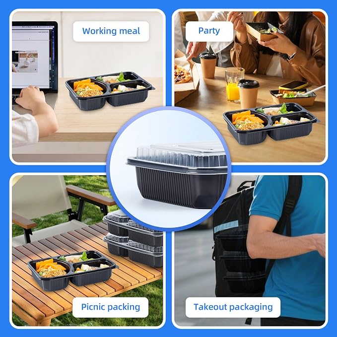 YANGRUI Meal Prep Containers 40 Pack 38 oz - Shrink-Wrapped No Pre-Wash | 3 Compartment Leak-Resistant Bento Box | BPA Free Shatterproof PP | Microwave Safe To-Go Food Storage for Leftovers & Parties