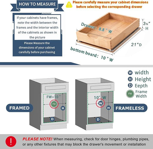 Pull Out Cabinet Drawers - 9x2 Size Options (10-29'W,18-21'D), Pre-Assembled with Soft Close Slides, Solid Beechwood, Easy Installation(10'W x 21'D)