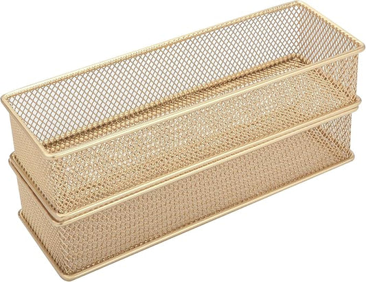 Annova Mesh Stackable Drawer Cabinet and Shelf Organizer Bins Storage Basket School Office Supply Holder Tray- Set of 2 (Gold, 3x9x2 Inch)