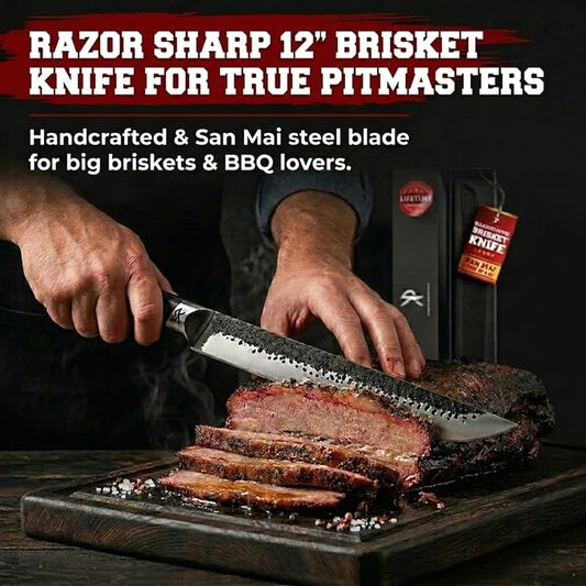 Kitchen perfection 12" Handmade Brisket Knife, Meat Cutting Carving & Slicing BBQ Knife For Men – Insanely Sharp San Mai Steel, W/Leather Sheath Premium Ergonomic Handle, Best Grilling Gifts for Men