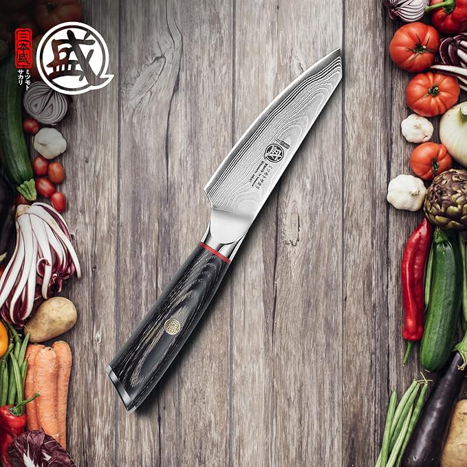 MITSUMOTO SAKARI Paring Chef Knife 4 inch - 67-Layer AUS-10 Damascus Steel, Hand Forged Japanese Fruit Knives, PakkaWood Handle & Sandalwood Box