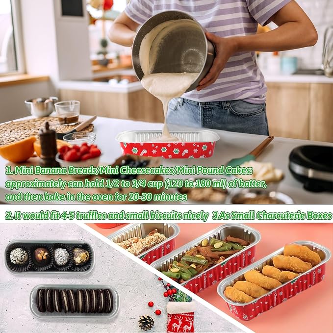 50Pack Christmas Mini Cake Pans Disposable Mini Loaf Pans with Lids and Spoons, 6.8Oz Aluminum Foil Pans Tins, Individual Dessert Cups Containers for Sales,Party,Picnics
