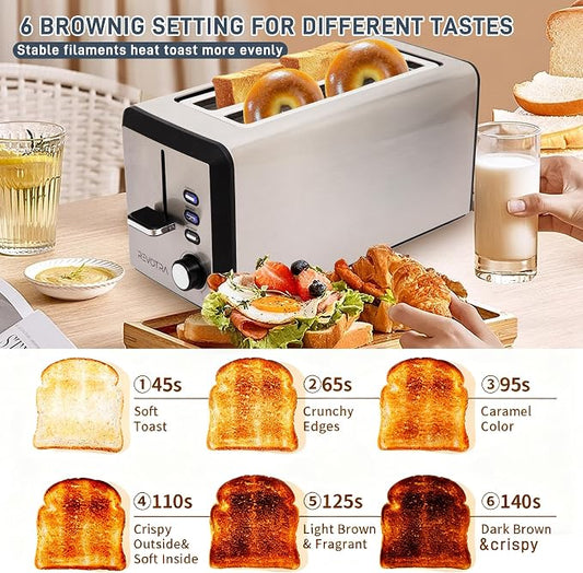 4 Slice Long Slot Stainless Steel Toaster with Extra Wide 1.5โ Slots, 6 Shade Browning Settings, Defrost Reheat Cancel Functions, Even Toasting for Artisan & Sourdough Bread, Removable Crumb Tray