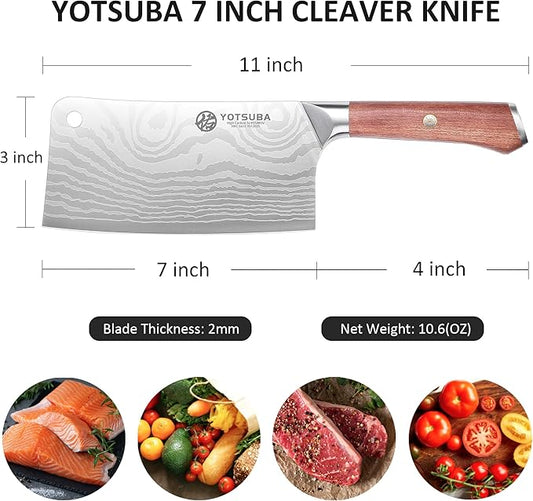 YOTSUBA 7 Inch Cleaver Knife-Ergonomic Rosewood Full Tang Handle, Ultra Sharp High Carbon German Steel Chopping Knife for Meat Vegetable, Gift Box for Home Cooks & Cooking Lovers