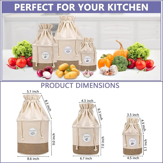Meraki Home Potato Onion Garlic Storage Containers - Farmhouse Kitchen Storage Organization Pots - Sustainable Jute Cotton Vegetable Baskets Bins - Drawstring Holder