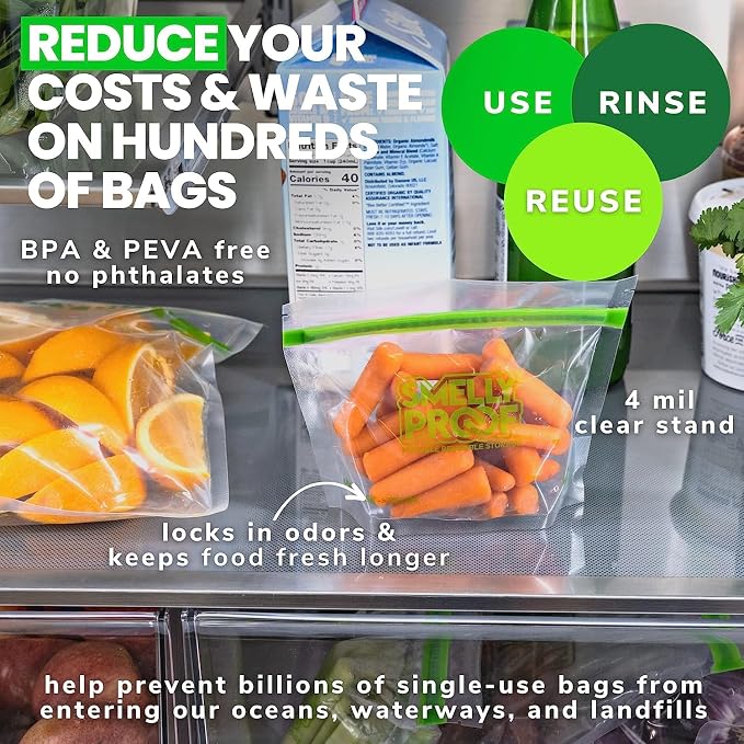 Smelly Proof 15 x Reusable Food Storage Bags, Reusable Freezer Bags, Reusable Snack Bags, Stand-Up Expandable “Stand & Fill”, Clear 3-Mil 6” x 4”, US Made, BPA FREE, NO PEVA, 15-pk