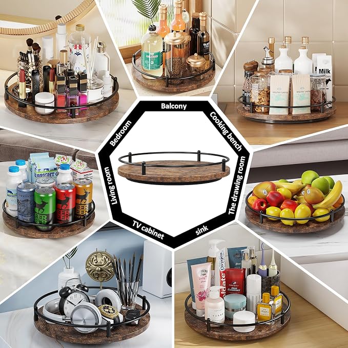 Lazy Susan Organizer:10 Inch Rotating Spice Rack Decor for Kitchen Countertop Round Wooden Turntable Holder for Dinning Room, Living Room, Home – Black