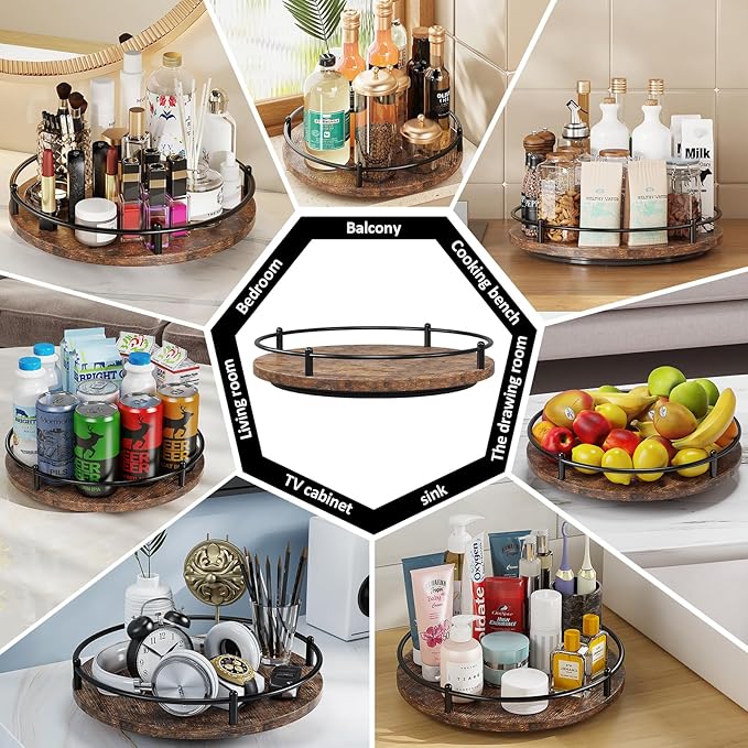 Lazy Susan Organizer:11 Inch Black Wooden Turntable Holder for Pantry&Dinning Table Rotating Round Spice Rack for Dresser Makeup, Counertop, Home&Kitchen