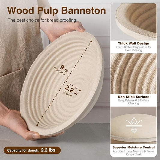 Wood Pulp Banneton Bread Proofing Baskets, 9" Round Sourdough Basket | 2.2LB Capacity, Sourdough Kit with Linen Covers, Dough Whisk, Scraper, Bread Lame & Flour Dredger