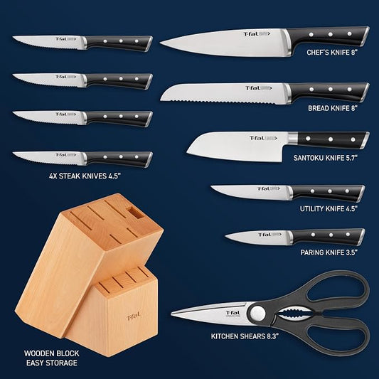 T-fal Ice Force German Stainless Steel Kitchen Knife Set and Wood Block 11 Piece, Long Lasting Sharpness, High Cutting Precision, Superior Durability, Ultra Sharp Blades, Cookware Kitchen Gadget Black
