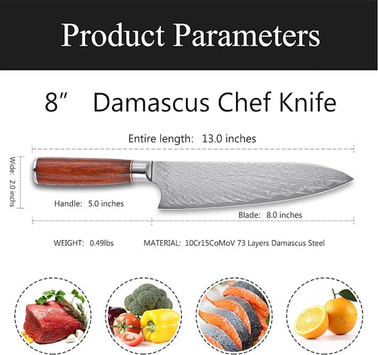 Kitory Chef Knife 8“, 73-Layer 10Cr15CoMoV Core, Acid-Washed Finish, Burmese Rosewood Handle, Professional Kitchen Knife for Home & Restaurant, Gift Package