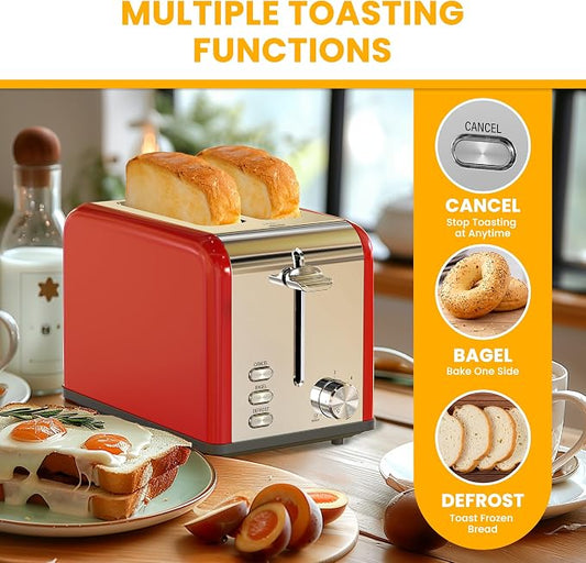 Simple Deluxe 2-Slice Toaster, 6 Browning Setting and 3 Function, Extra Wide Slot & Removable Crumb Tray, for Bread & Waffle, Red