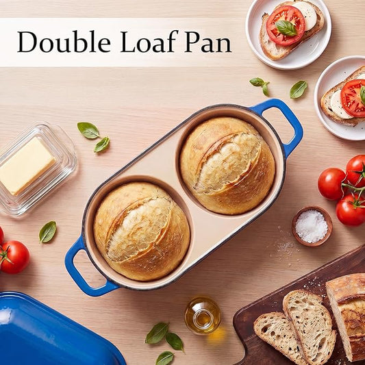 Cast Iron Dutch Oven for Sourdough Bread Baking, Enameled Bread Pot with Lid, Nonstick Double Loaf Pan for Homemade Bread, Cake & Meatloaf, Oven Safe to 500°F, 16.5cm Diameter, Blue